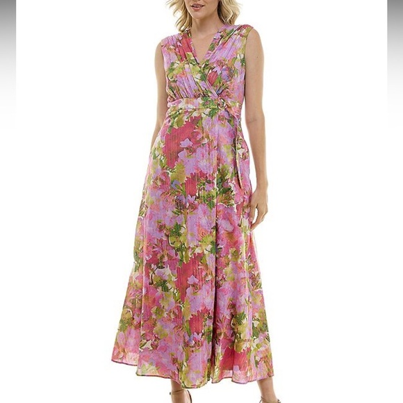 NWT Taylor Floral Print Voile Pleated V-Neck Sleeveless Maxi Dress - Size 8 - Picture 3 of 17